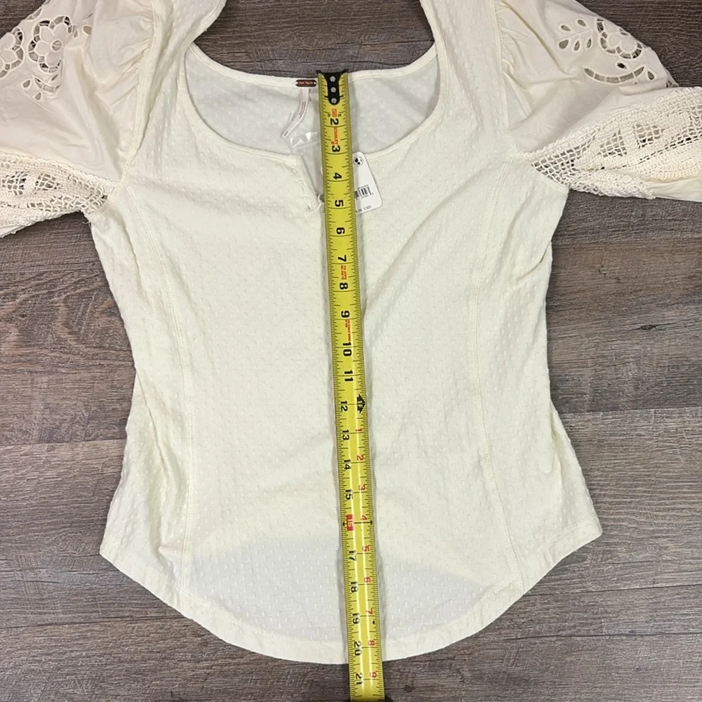 NEW Free People Brunch Date Knit V-Neck 3/4 Puffed Sleeve Top XL